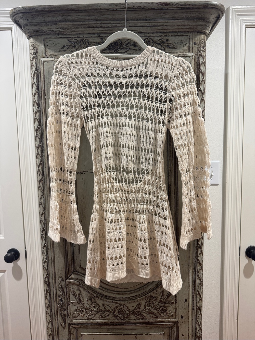 Cream Crochet Long-Sleeve Peplum Dress